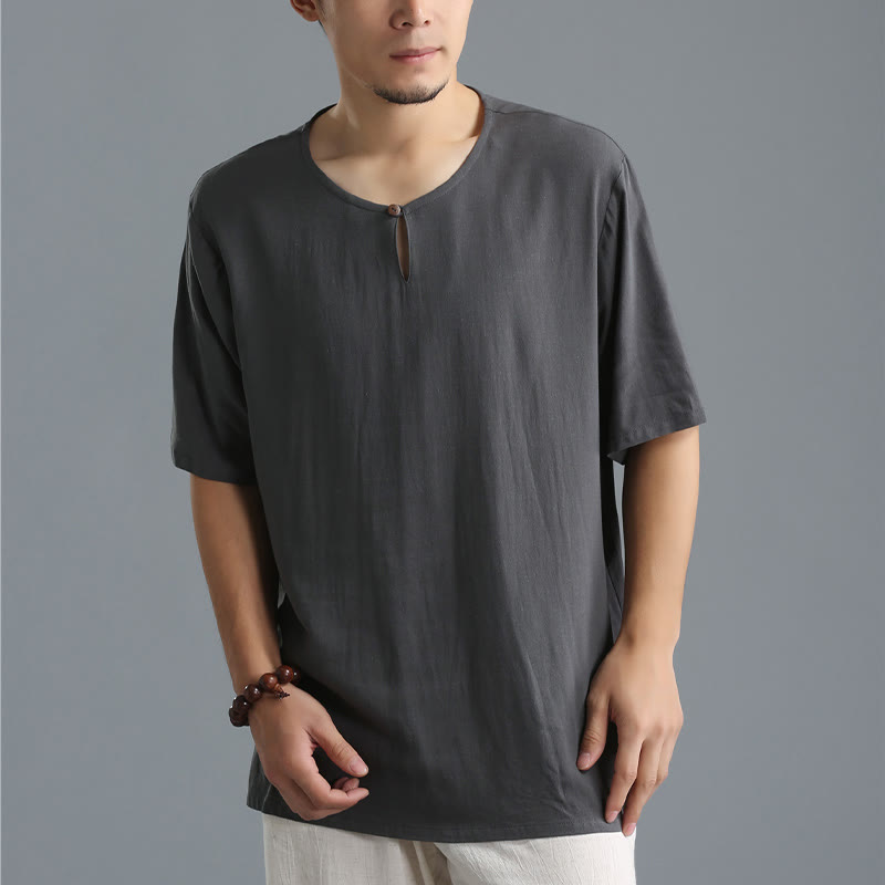 Buddha Stones Men's Solid Color Round Neck Short Sleeve Cotton Linen Shirt