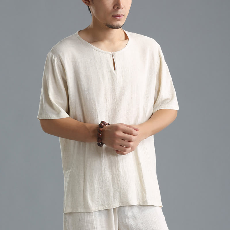 Buddha Stones Men's Solid Color Round Neck Short Sleeve Cotton Linen Shirt