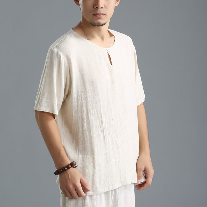 Buddha Stones Men's Solid Color Round Neck Short Sleeve Cotton Linen Shirt - image 14