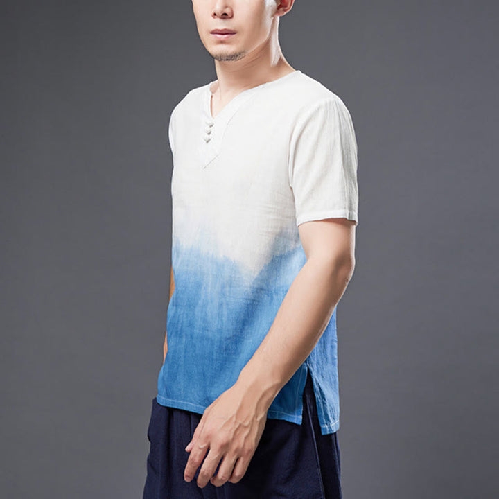 Buddha Stones White Blue Gradient Men's Short Sleeve Indigo Dyeing Cotton Linen Shirt