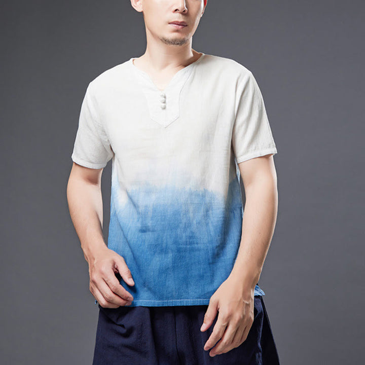 Buddha Stones White Blue Gradient Men's Short Sleeve Indigo Dyeing Cotton Linen Shirt