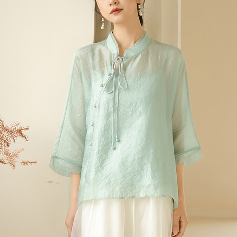 Buddha Stones Green Color Lace-up Three Quarter Sleeve Shirt With Tank Top