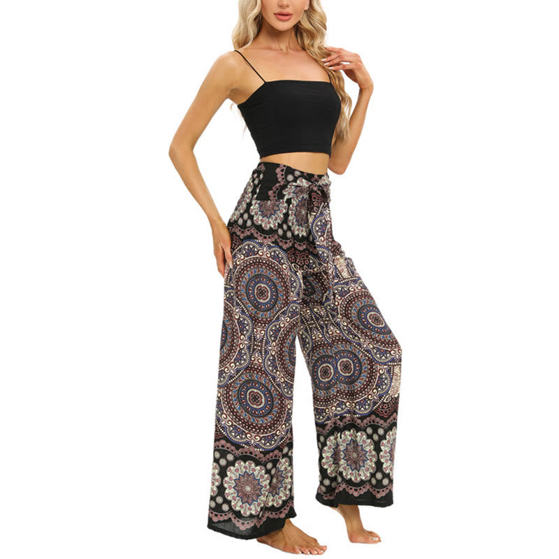 Buddha Stones Boho Mandala Print Lace-up Wide Leg Pants Women's Yoga Pants