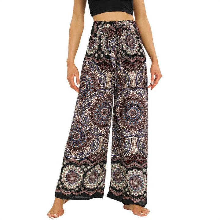 Buddha Stones Boho Mandala Print Lace-up Wide Leg Pants Women's Yoga Pants