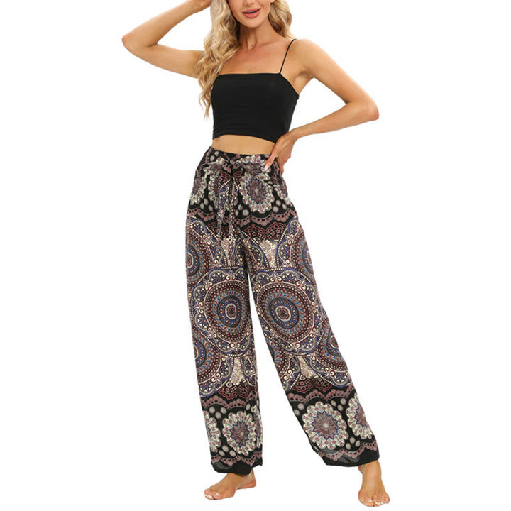 Buddha Stones Boho Mandala Print Lace-up Wide Leg Pants Women's Yoga Pants