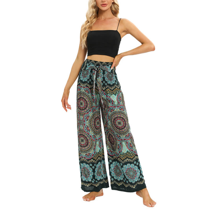 Buddha Stones Boho Mandala Print Lace-up Wide Leg Pants Women's Yoga Pants