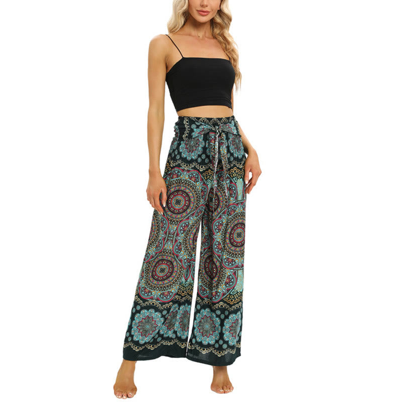 Buddha Stones Boho Mandala Print Lace-up Wide Leg Pants Women's Yoga Pants