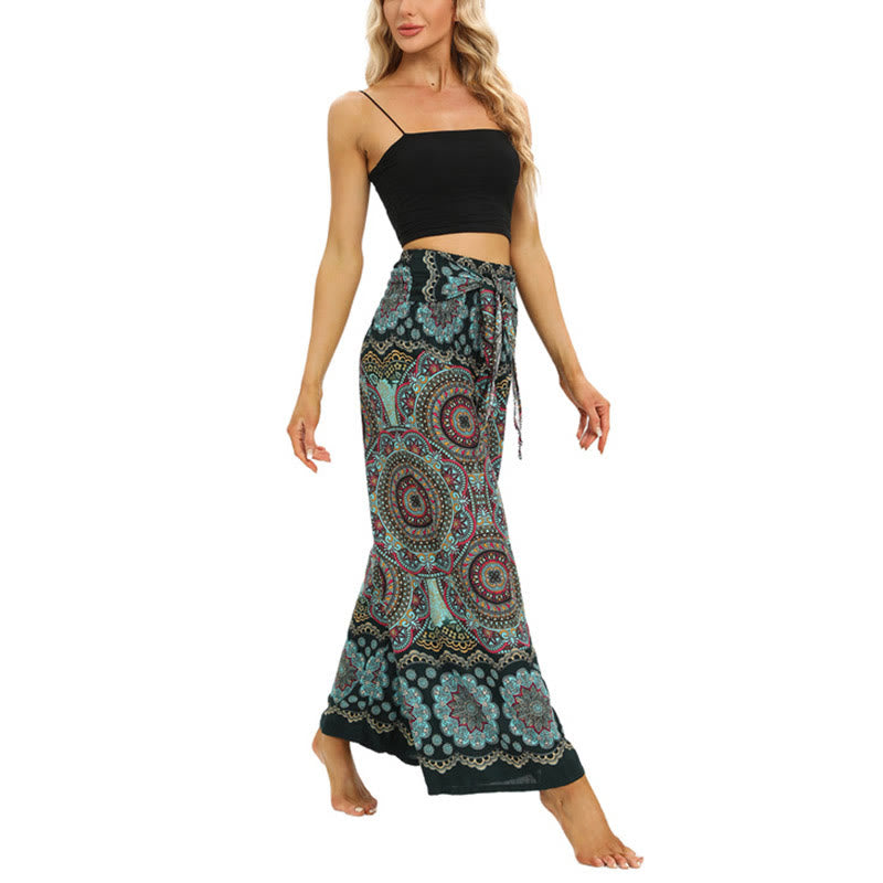 Buddha Stones Boho Mandala Print Lace-up Wide Leg Pants Women's Yoga Pants