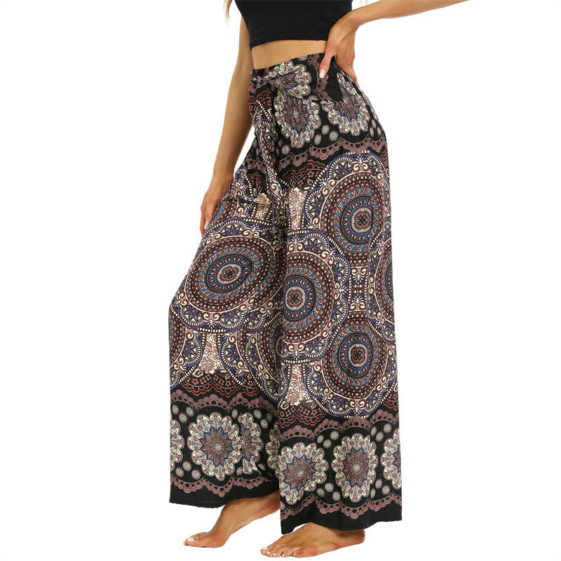 Buddha Stones Boho Mandala Print Lace-up Wide Leg Pants Women's Yoga Pants