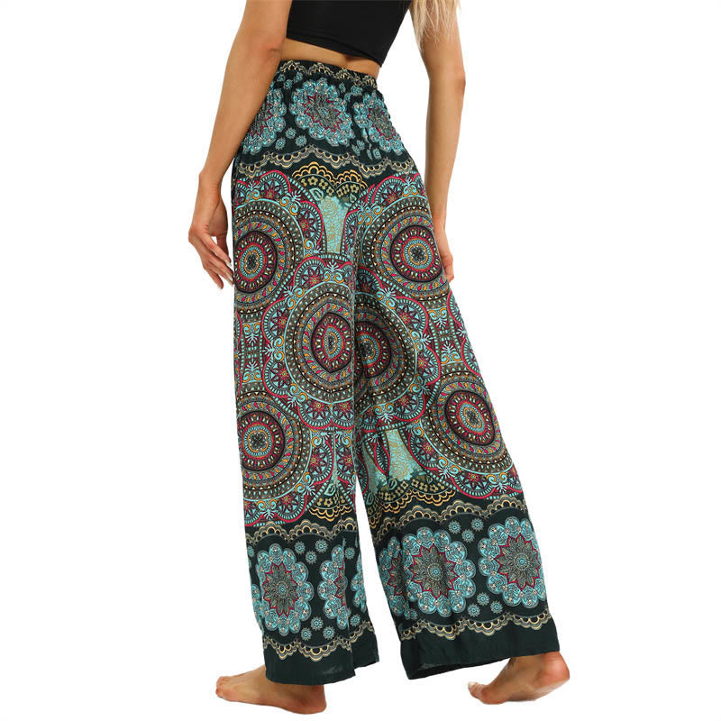 Buddha Stones Boho Mandala Print Lace-up Wide Leg Pants Women's Yoga Pants