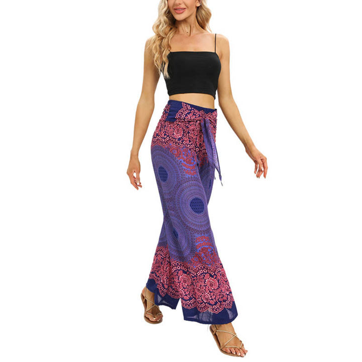 Buddha Stones Bohemian Compass Flower Print Lace-up Wide Leg Pants Women's Yoga Pants