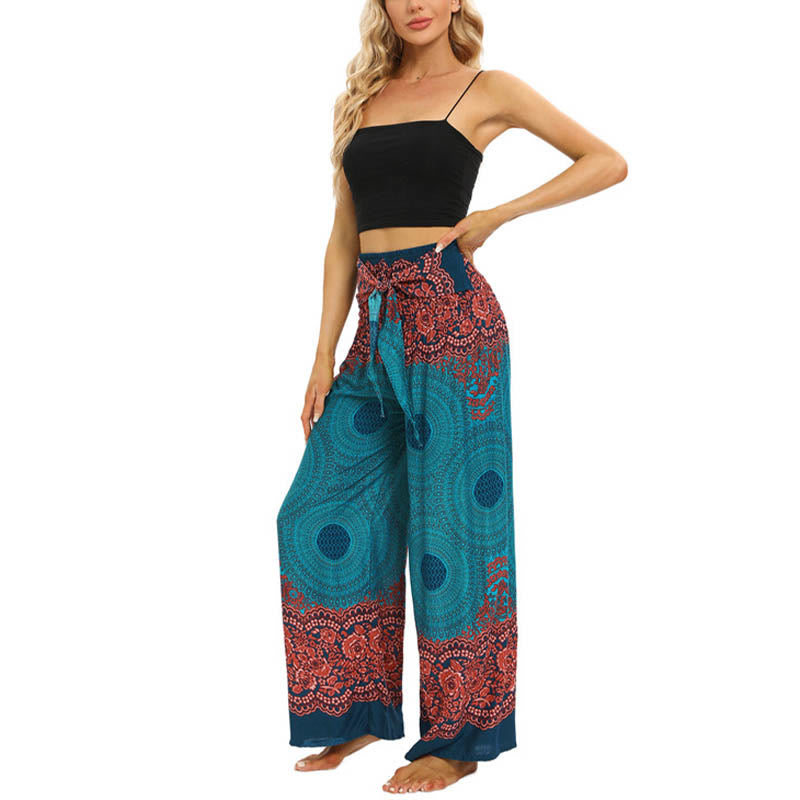 Buddha Stones Bohemian Compass Flower Print Lace-up Wide Leg Pants Women's Yoga Pants