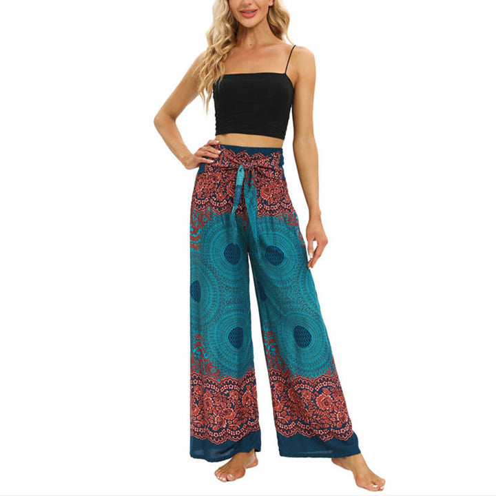 Buddha Stones Bohemian Compass Flower Print Lace-up Wide Leg Pants Women's Yoga Pants