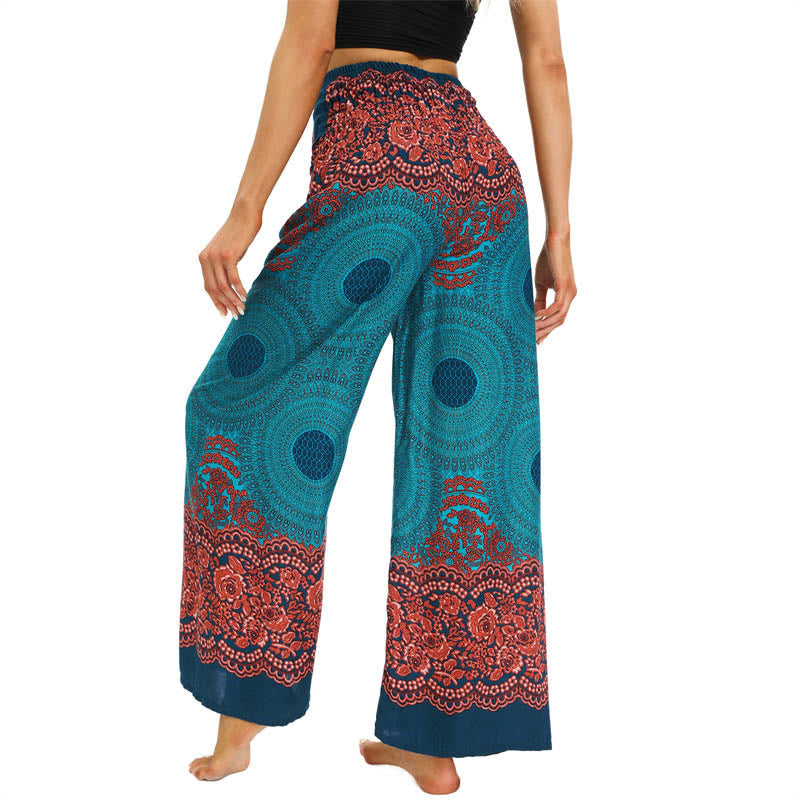 Buddha Stones Bohemian Compass Flower Print Lace-up Wide Leg Pants Women's Yoga Pants - image 2