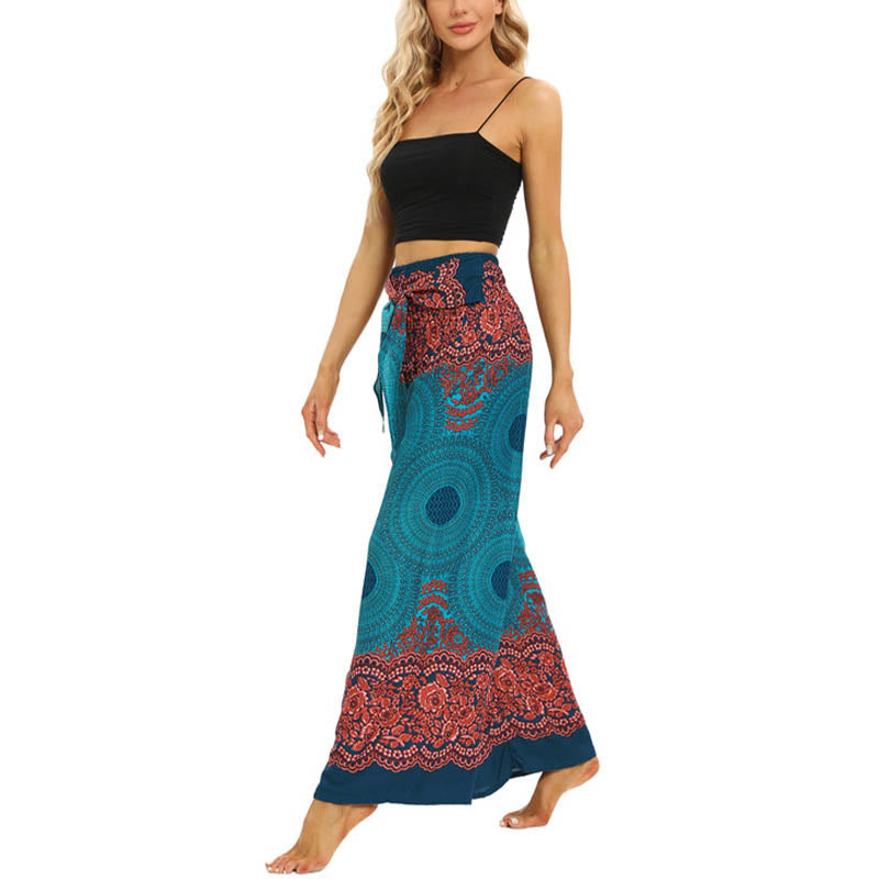 Buddha Stones Bohemian Compass Flower Print Lace-up Wide Leg Pants Women's Yoga Pants