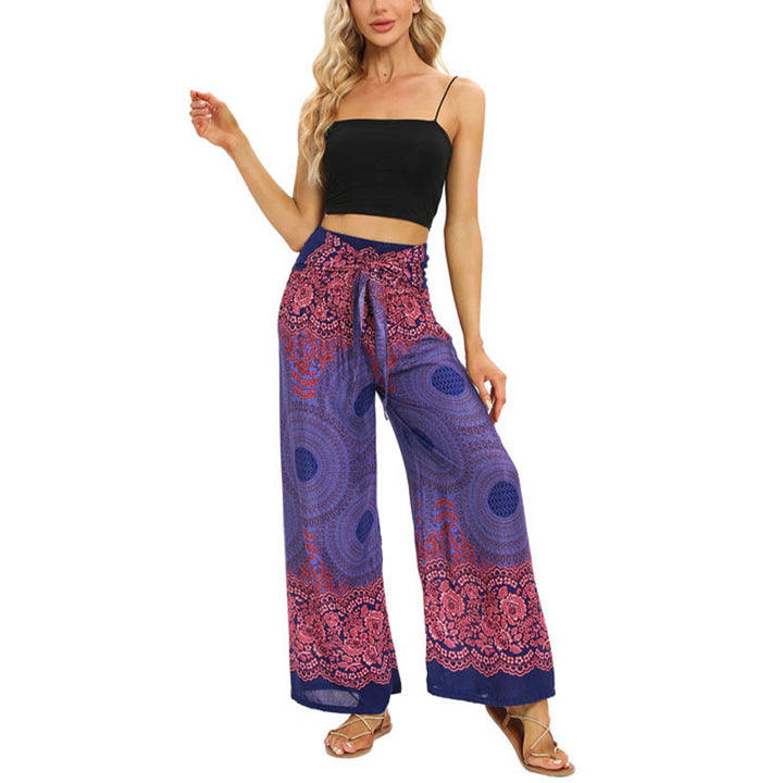 Buddha Stones Bohemian Compass Flower Print Lace-up Wide Leg Pants Women's Yoga Pants