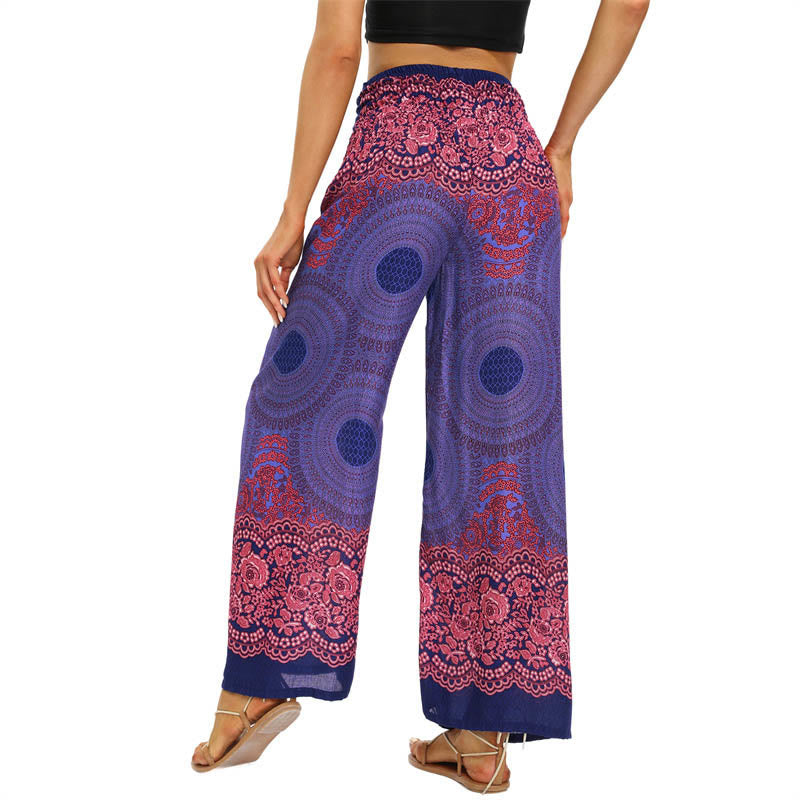 Buddha Stones Bohemian Compass Flower Print Lace-up Wide Leg Pants Women's Yoga Pants