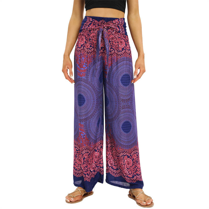 Buddha Stones Bohemian Compass Flower Print Lace-up Wide Leg Pants Women's Yoga Pants