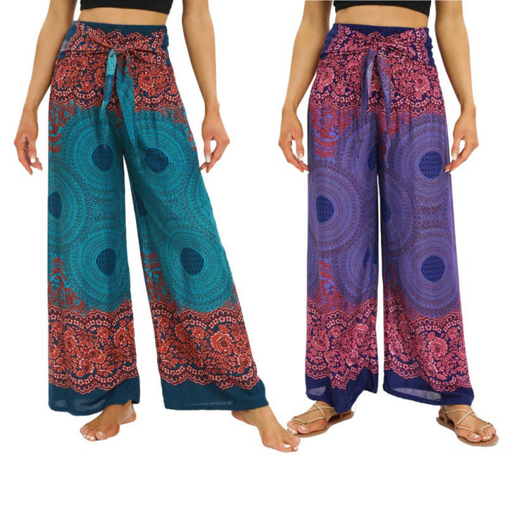 Buddha Stones Bohemian Compass Flower Print Lace-up Wide Leg Pants Women's Yoga Pants