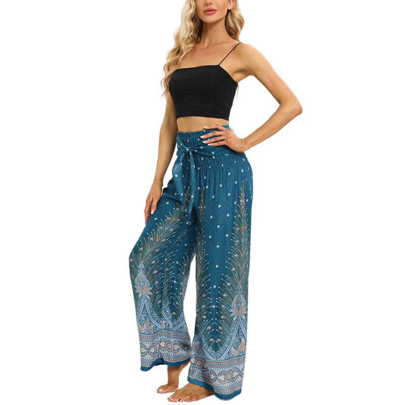 Buddha Stones Boho Peacock Feathers Lace-up Wide Leg Pants Women's Yoga Pants