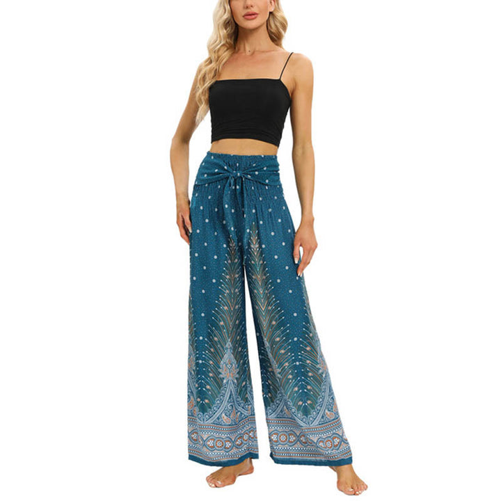 Buddha Stones Boho Peacock Feathers Lace-up Wide Leg Pants Women's Yoga Pants