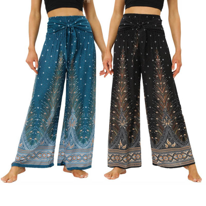 Buddha Stones Boho Peacock Feathers Lace-up Wide Leg Pants Women's Yoga Pants