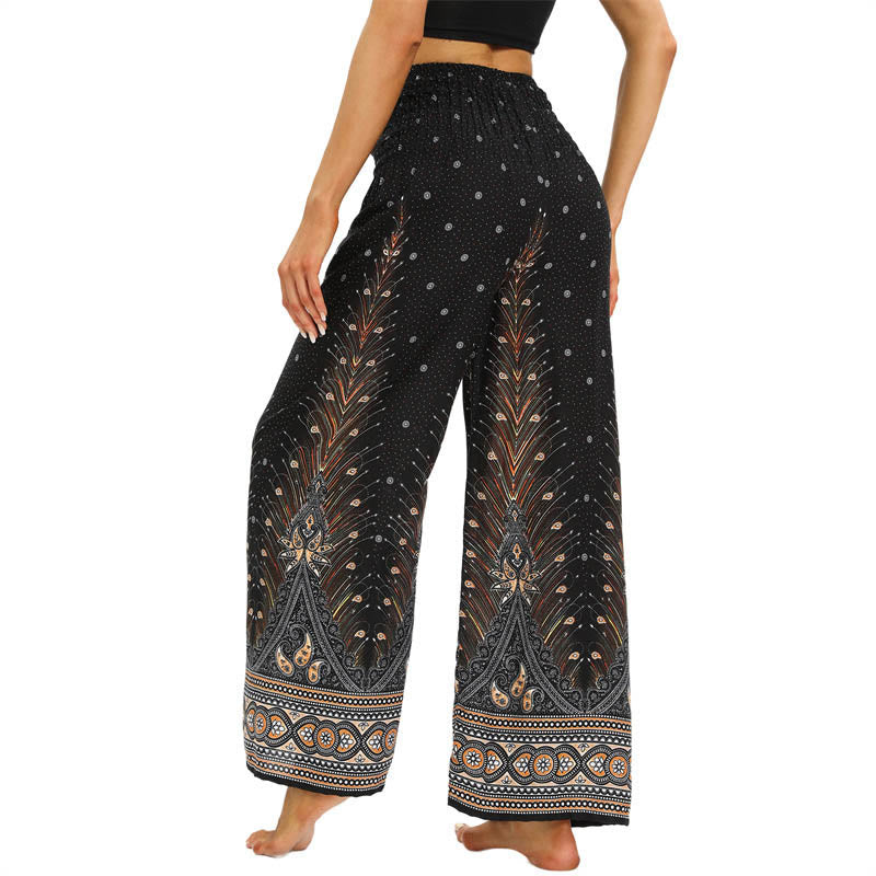 Buddha Stones Boho Peacock Feathers Lace-up Wide Leg Pants Women's Yoga Pants