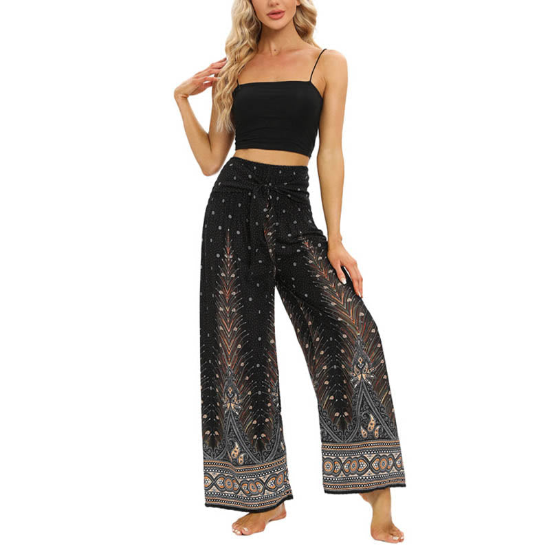 Buddha Stones Boho Peacock Feathers Lace-up Wide Leg Pants Women's Yoga Pants