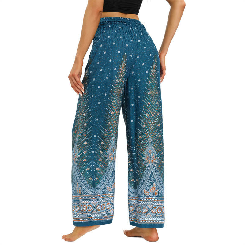 Buddha Stones Boho Peacock Feathers Lace-up Wide Leg Pants Women's Yoga Pants