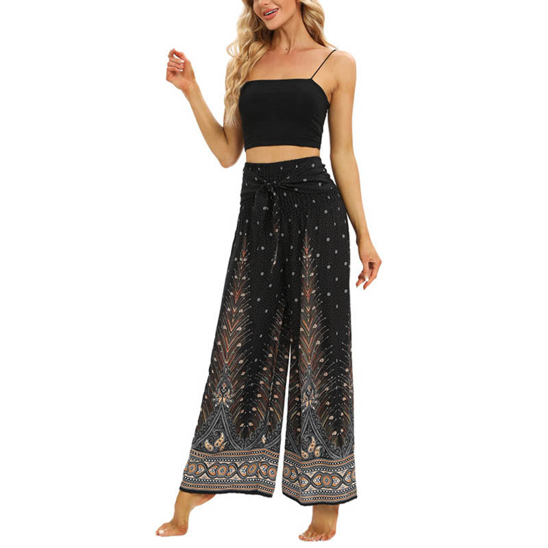 Buddha Stones Boho Peacock Feathers Lace-up Wide Leg Pants Women's Yoga Pants