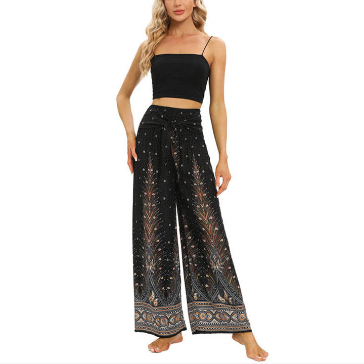 Buddha Stones Boho Peacock Feathers Lace-up Wide Leg Pants Women's Yoga Pants