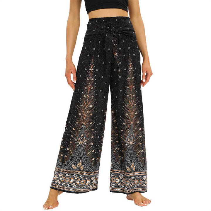 Buddha Stones Boho Peacock Feathers Lace-up Wide Leg Pants Women's Yoga Pants