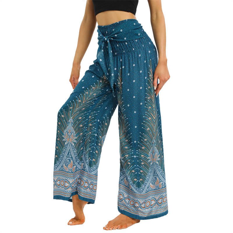 Buddha Stones Boho Peacock Feathers Lace-up Wide Leg Pants Women's Yoga Pants - image 10