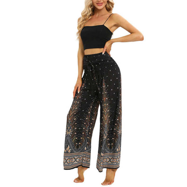 Buddha Stones Boho Peacock Feathers Lace-up Wide Leg Pants Women's Yoga Pants