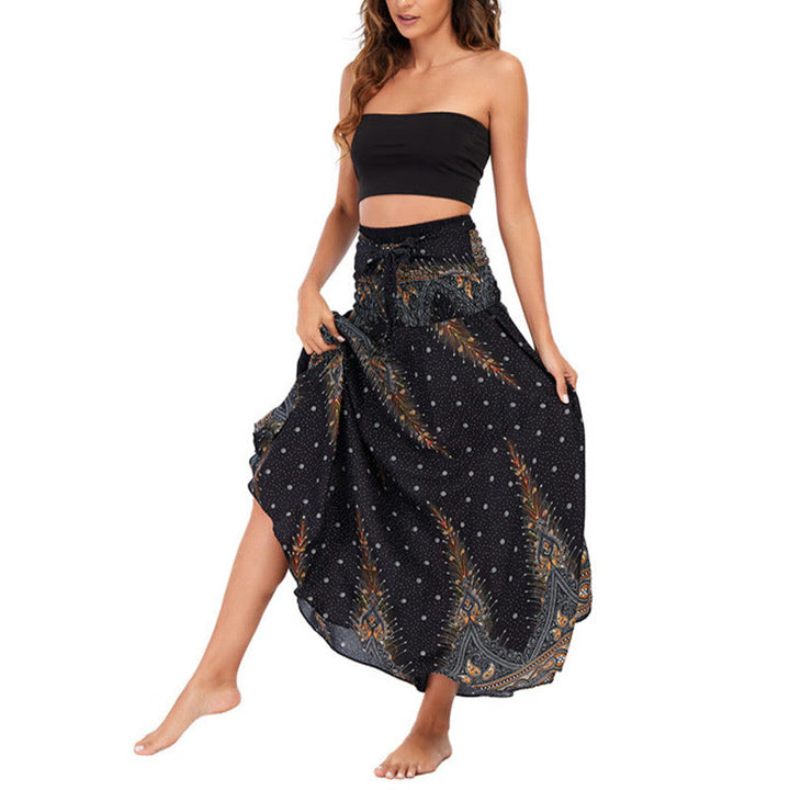 Buddha Stones Two Style Wear Boho Summer Peacock Feather Lace-up Skirt Dress - image 11