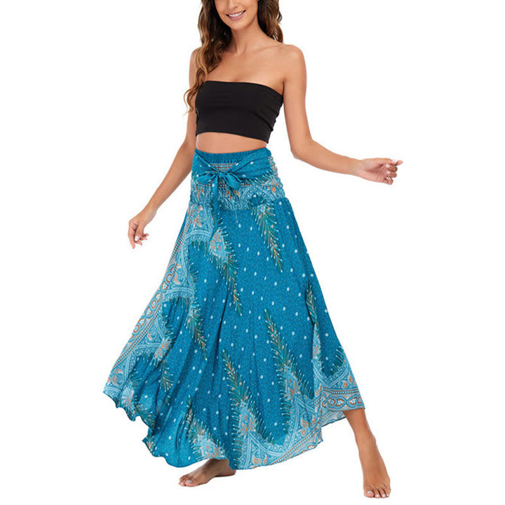 Buddha Stones Two Style Wear Boho Summer Peacock Feather Lace-up Skirt Dress - image 1