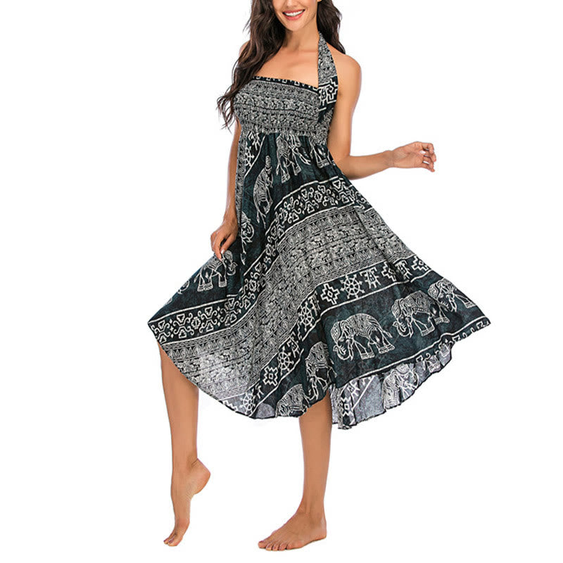 Buddha Stones Two Style Wear Boho Elephant Geometry Lace-up Skirt Dress - image 6