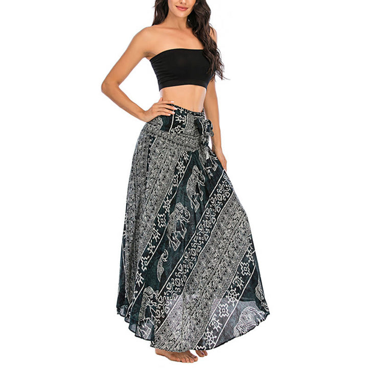 Buddha Stones Two Style Wear Boho Elephant Geometry Lace-up Skirt Dress