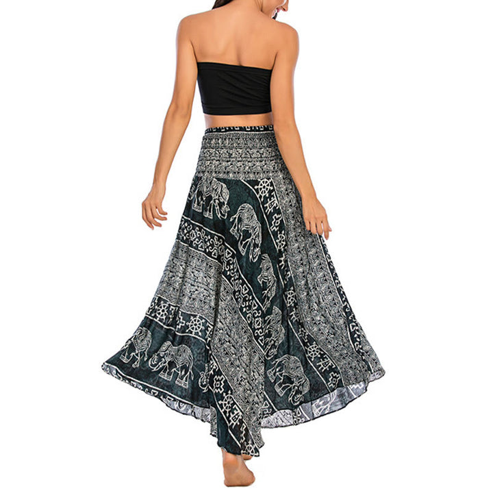 Buddha Stones Two Style Wear Boho Elephant Geometry Lace-up Skirt Dress