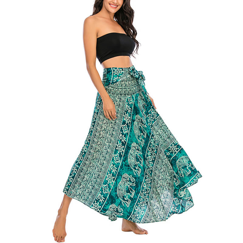 Buddha Stones Two Style Wear Boho Elephant Geometry Lace-up Skirt Dress - image 25