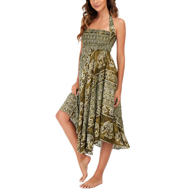 Buddha Stones Two Style Wear Boho Elephant Geometry Lace-up Skirt Dress - image 37