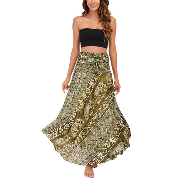 Buddha Stones Two Style Wear Boho Elephant Geometry Lace-up Skirt Dress