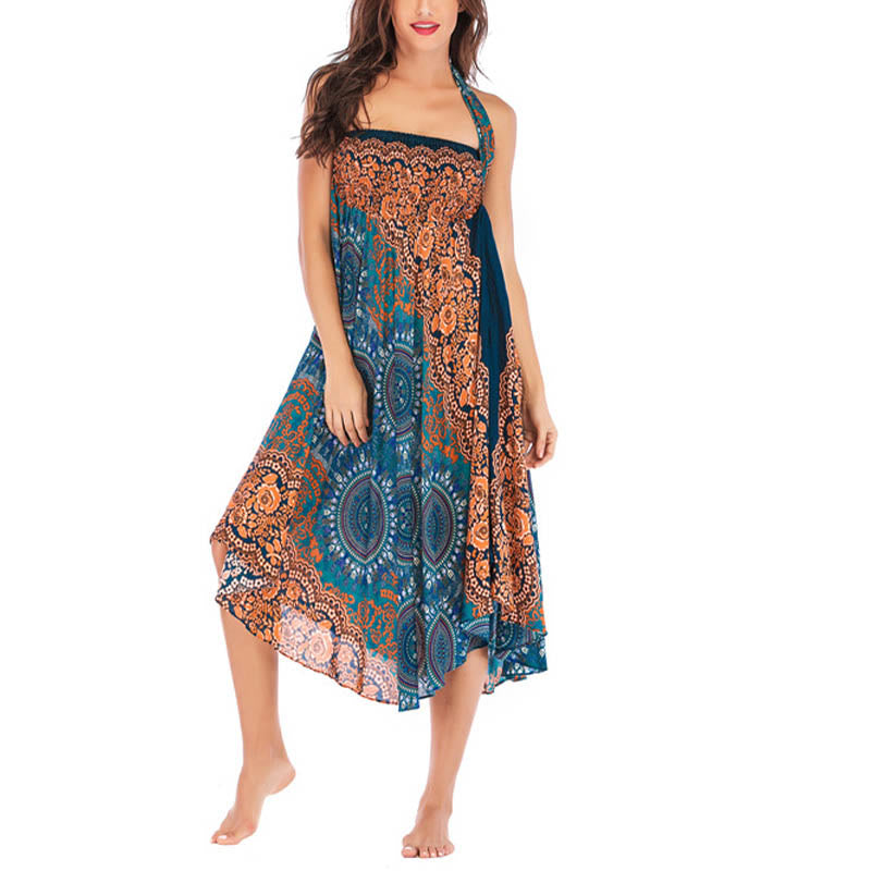 Buddha Stones Two Style Wear Boho Compass Rose Flower Print Lace-up Skirt Dress