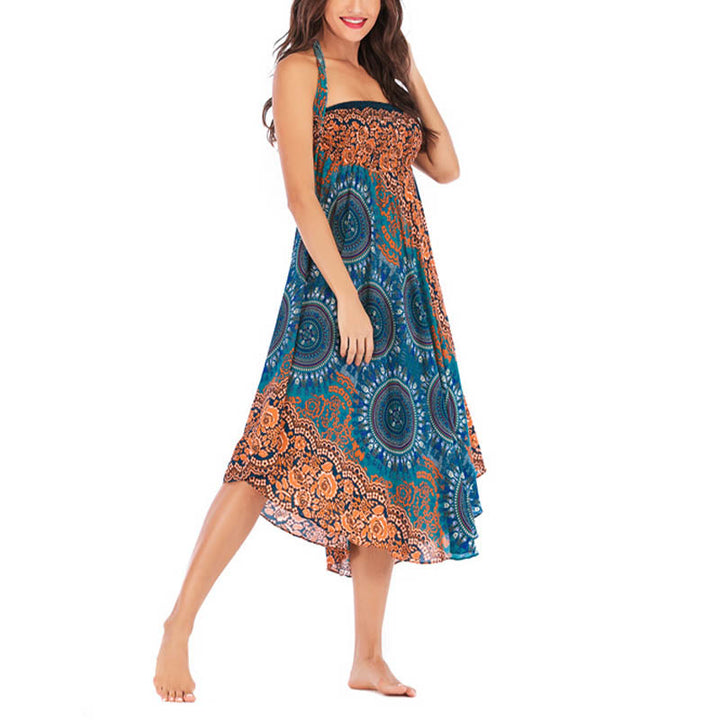 Buddha Stones Two Style Wear Boho Compass Rose Flower Print Lace-up Skirt Dress