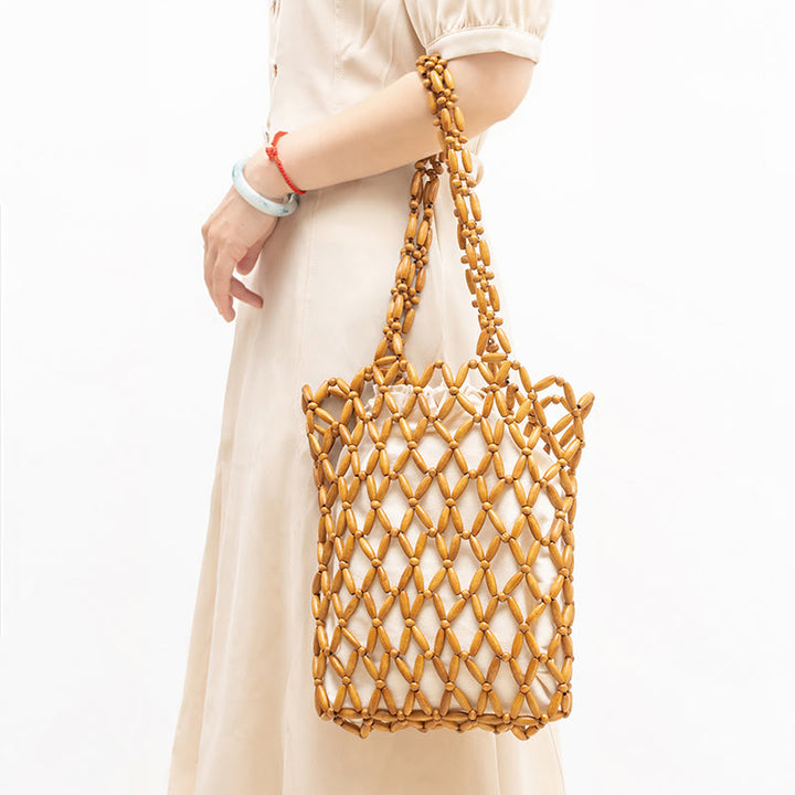 Buddha Stones Hand-woven Wooden Beads Shoulder Bag Handbag