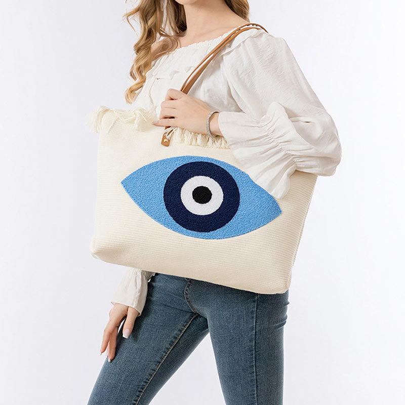 Buddha Stones Large Capacity Evil Eye Leaf Hamsa Tassel Canvas Tote Shoulder Bag