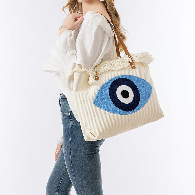 Buddha Stones Large Capacity Evil Eye Leaf Hamsa Tassel Canvas Tote Shoulder Bag