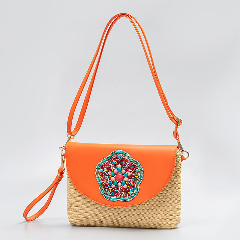 Buddha Stones Hamsa Elephant Flower Straw Woven Crossbody Bag Shoulder Bag Handbag