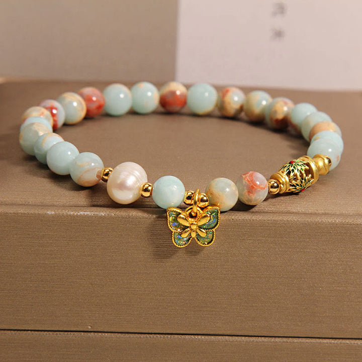 Buddha Stones Shoushan Stone Pearl Butterfly Wealth Bracelet