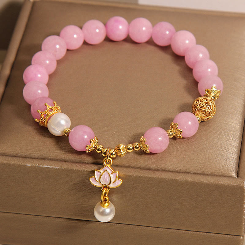 Buddha Stones Pink Jade Pearl Lotus Charm Harmony Bracelet